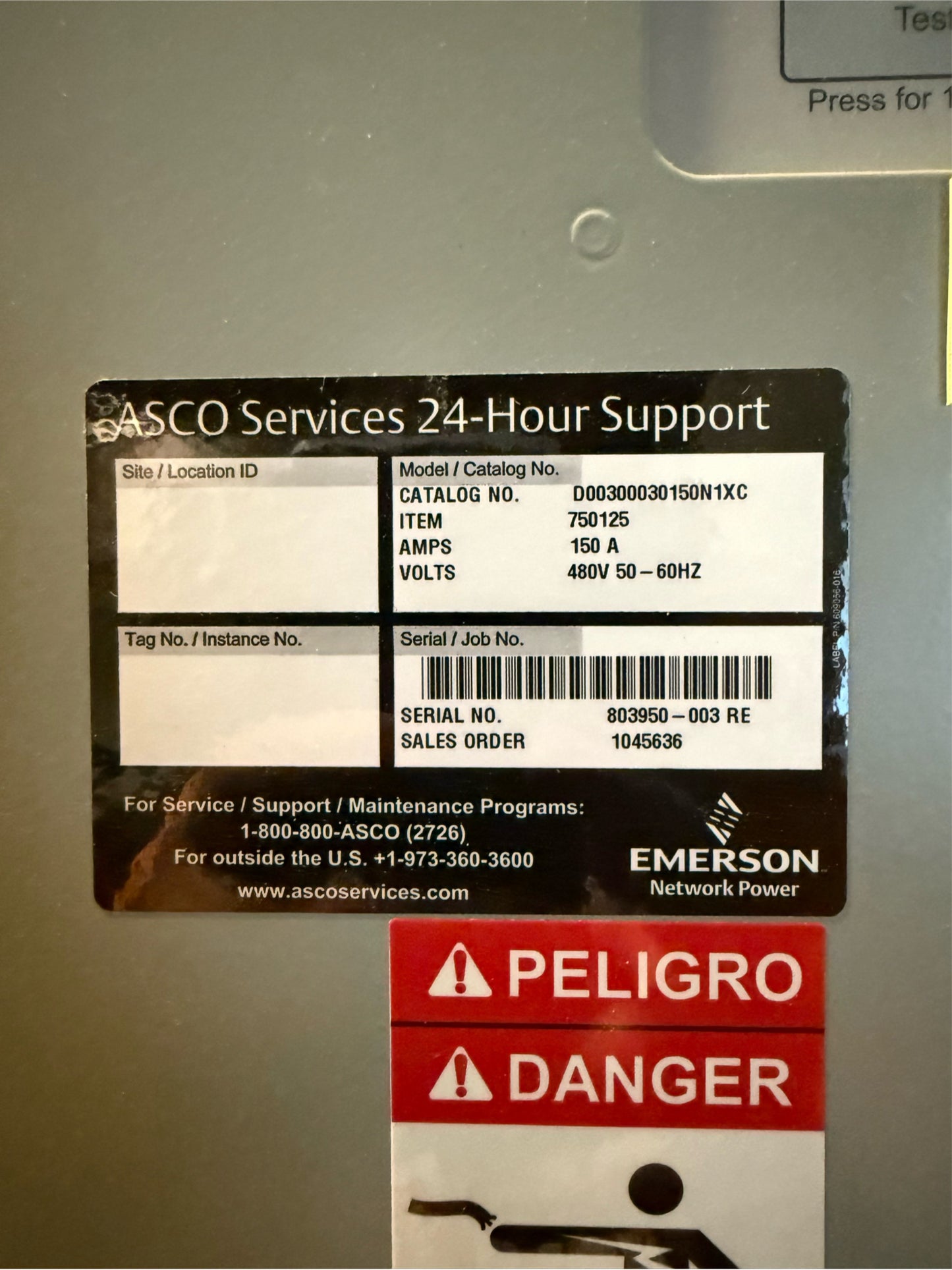 ASCO D00300030150N1XC 150A ATS Automatic Transfer Switch 480V (SKU: 110071)