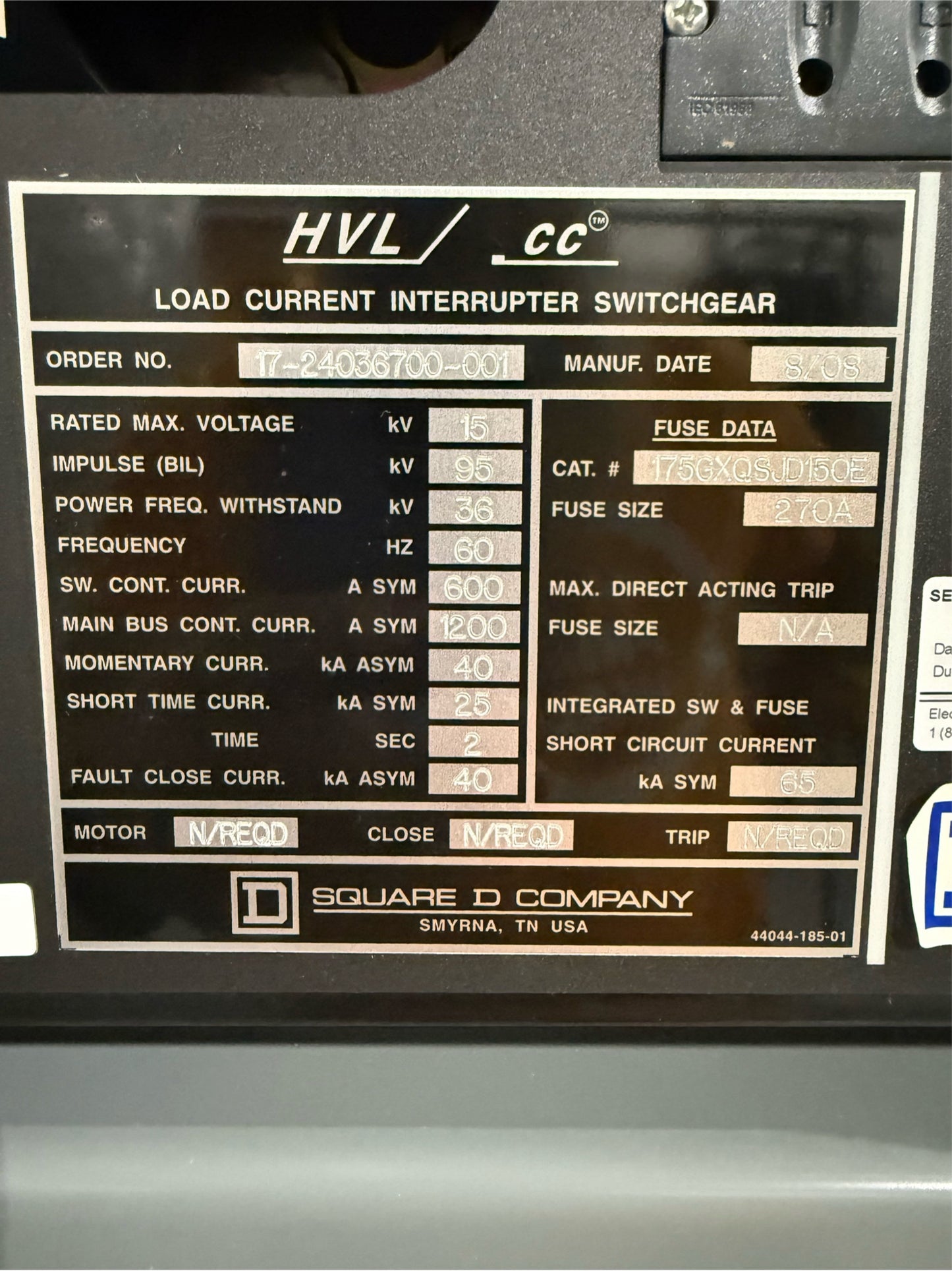 15KV Square D (HVL) Load interrupter Switchgear 270A 175GXOSJD1502