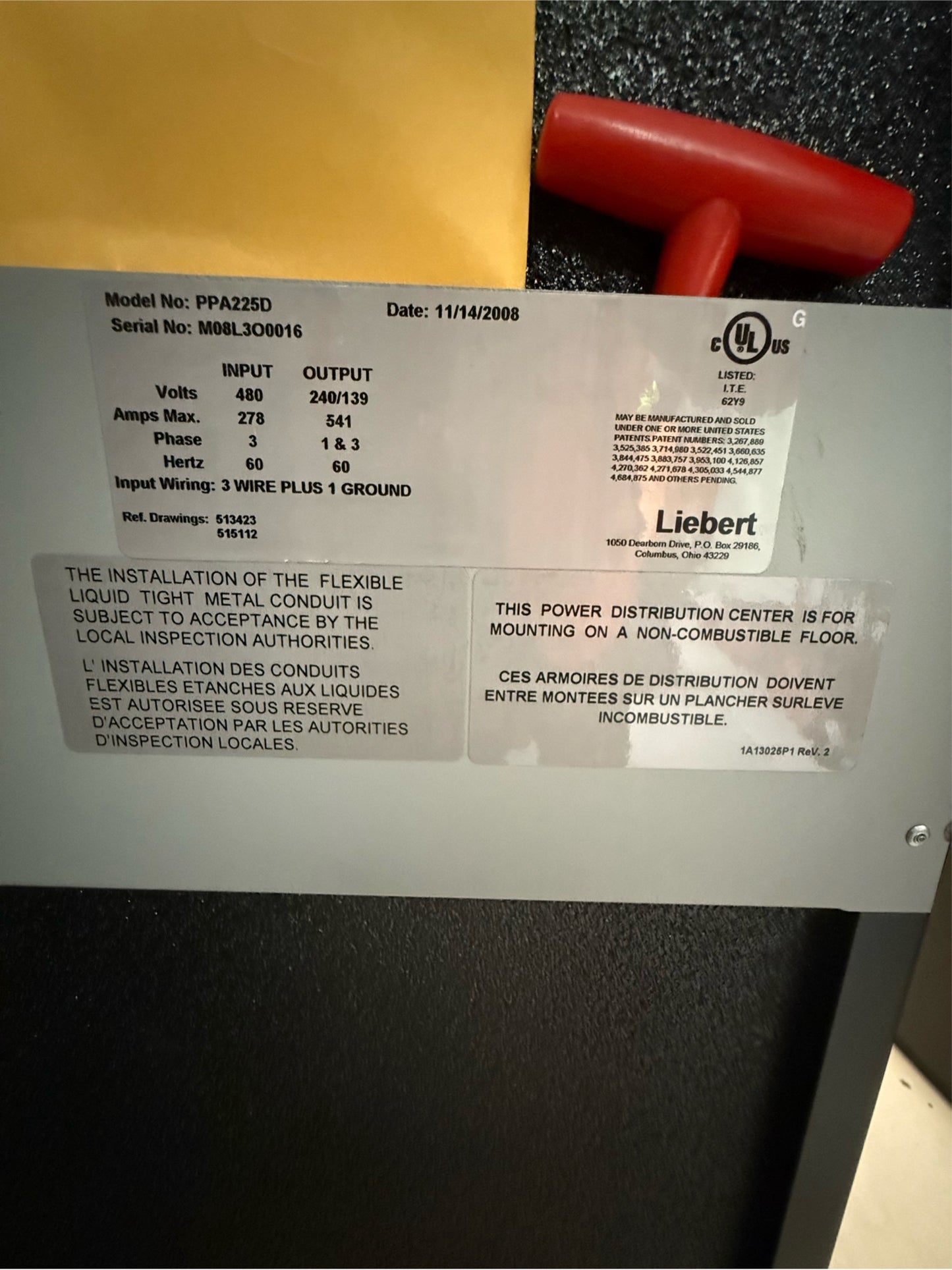 225KVA Liebert PPA225D 480V x 240V Step Down PDU Power Distribution (2008)
