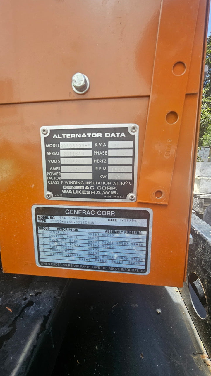 Generac 50kW Standby Diesel Generator 120/240V Open Skid Power Plant 93A05499S