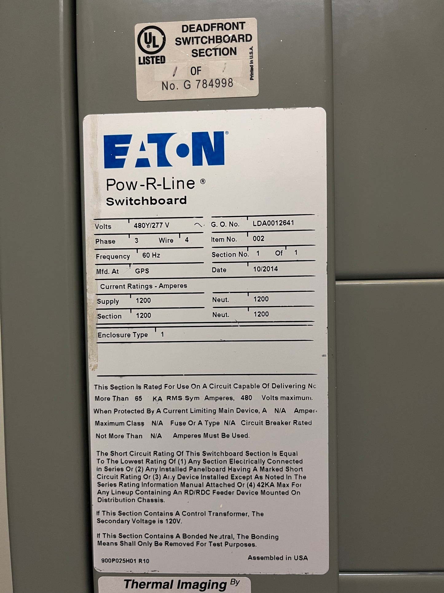 Eaton Pow-R-Line 1200 Amp Switchboard 480Y/277V 3PH 4W 65k AIC 1200A 2014