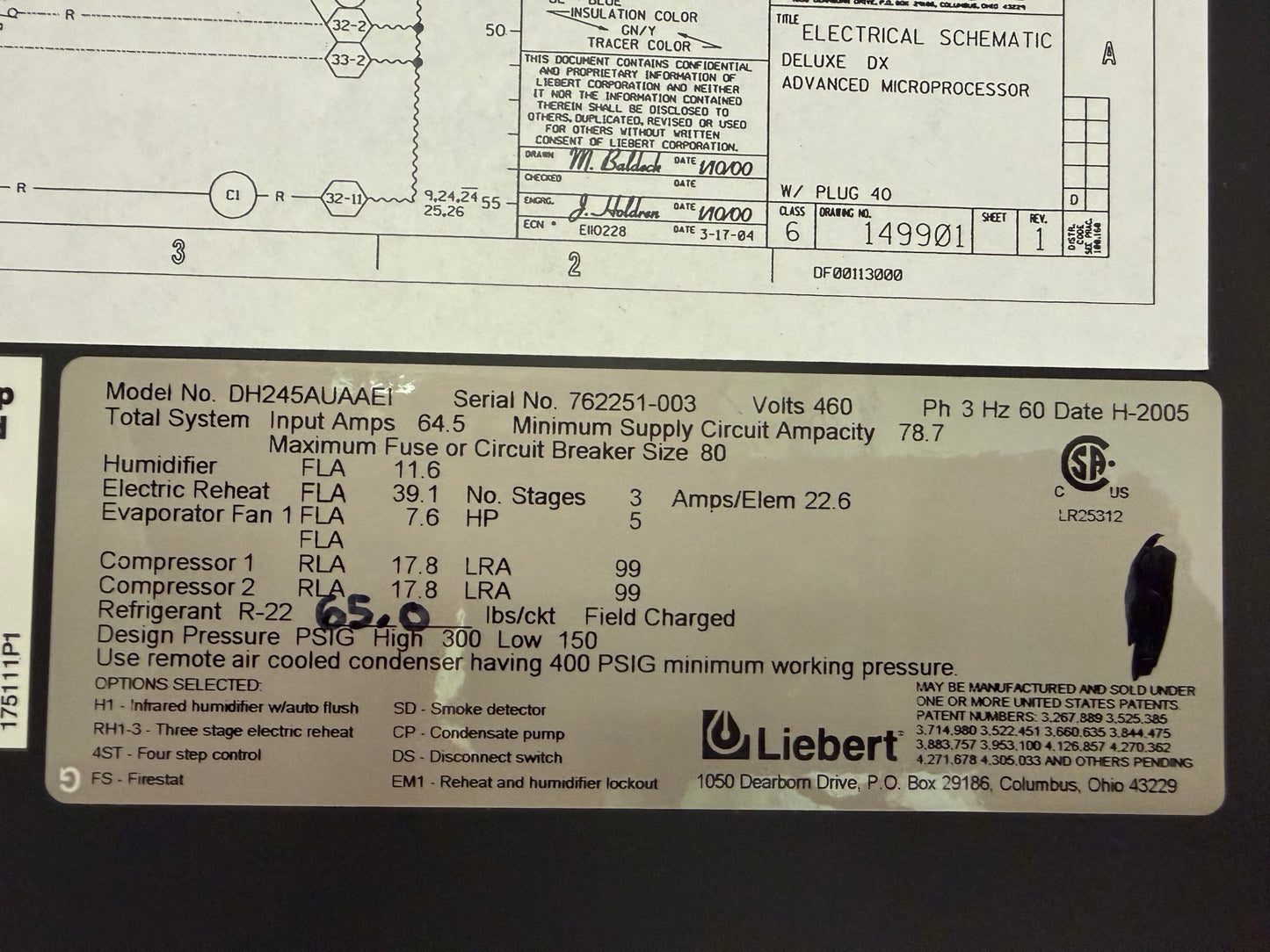Liebert DH245AUAAEI Deluxe System 3 CRAC 20 Ton AC Unit 460V 3PH