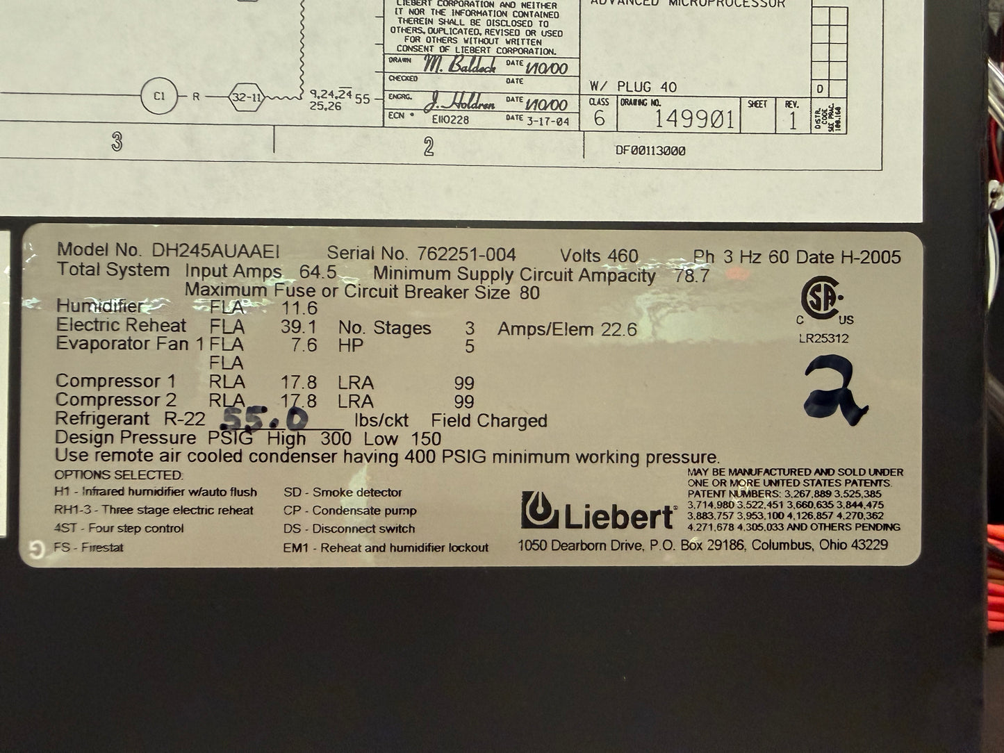 Liebert DH245AUAAEI Deluxe System 3 CRAC Data Center 20 Ton AC Unit 460V 3PH