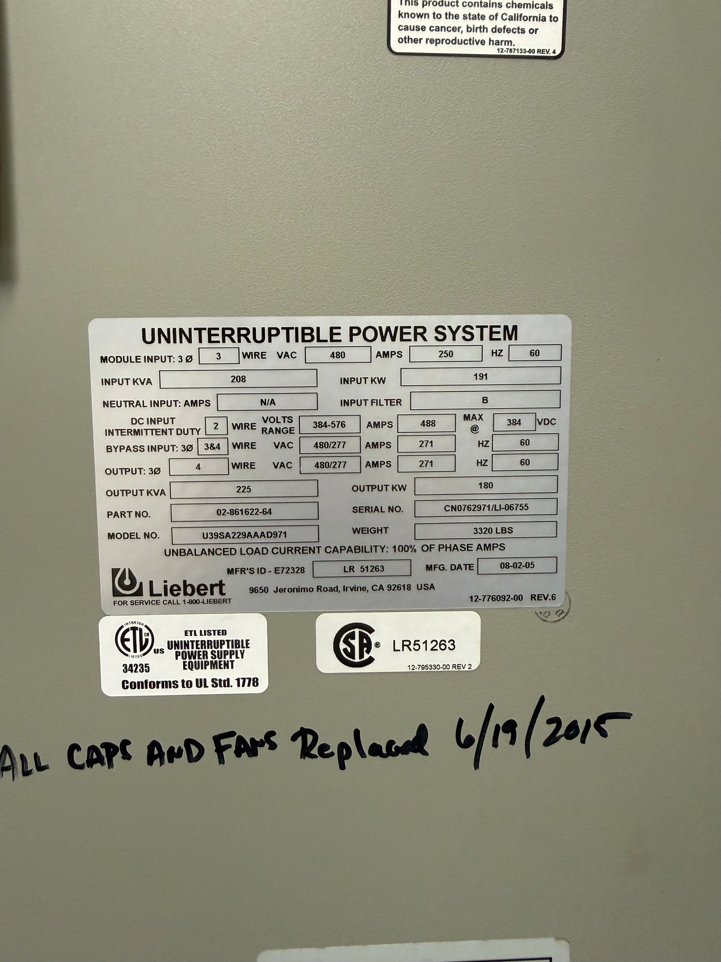 Liebert 225 kVA 480V 3 Phase Industrial UPS System U39SA229AAAD971 Series 610