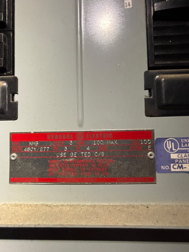 GE NHB 100A 480Y/277V 3PH 4W Panelboard TED Breakers