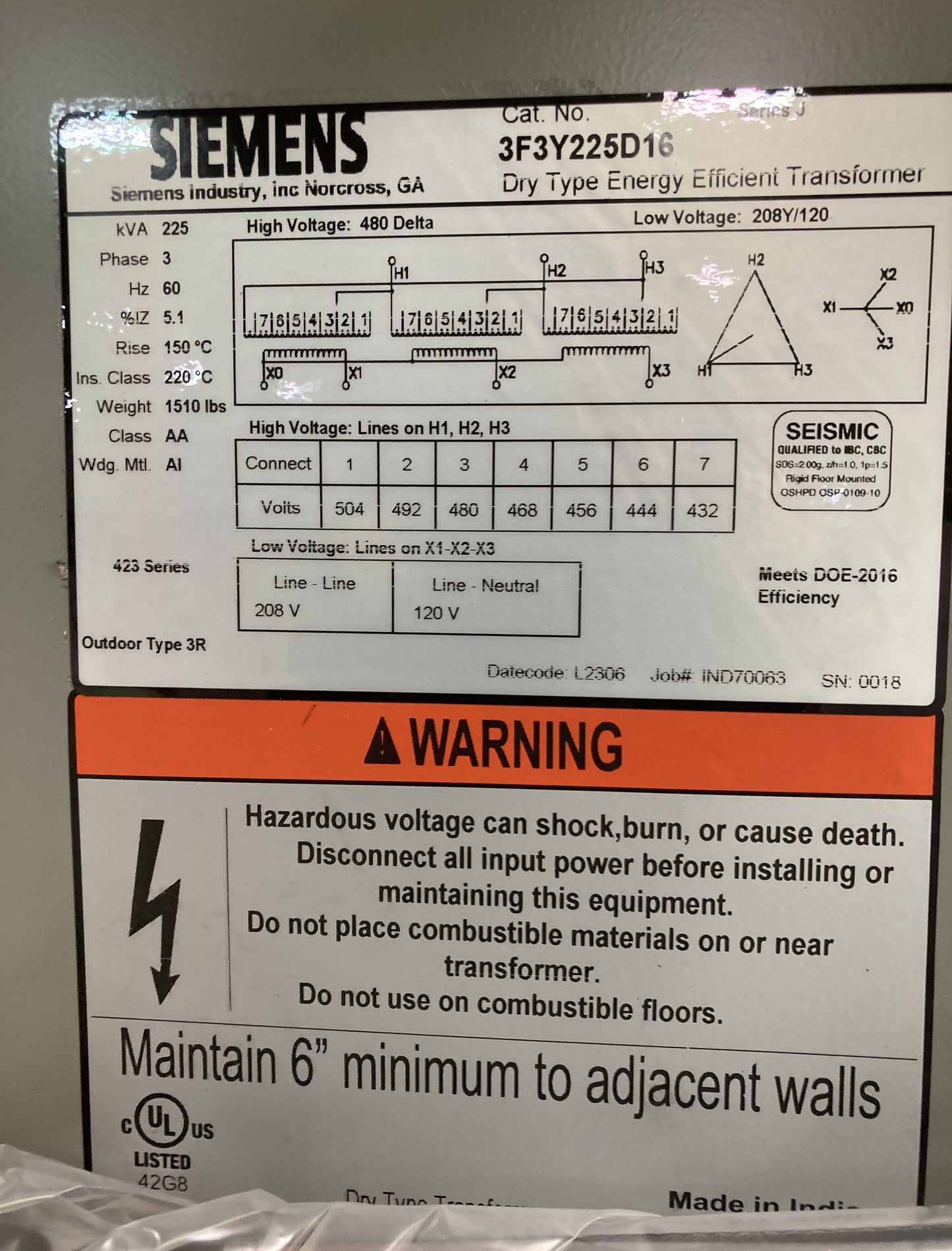 NEW 225KVA Siemens 3 Phase 3F3Y225D16 J Series Dry Type Transformer 480v x 208/120v-53201