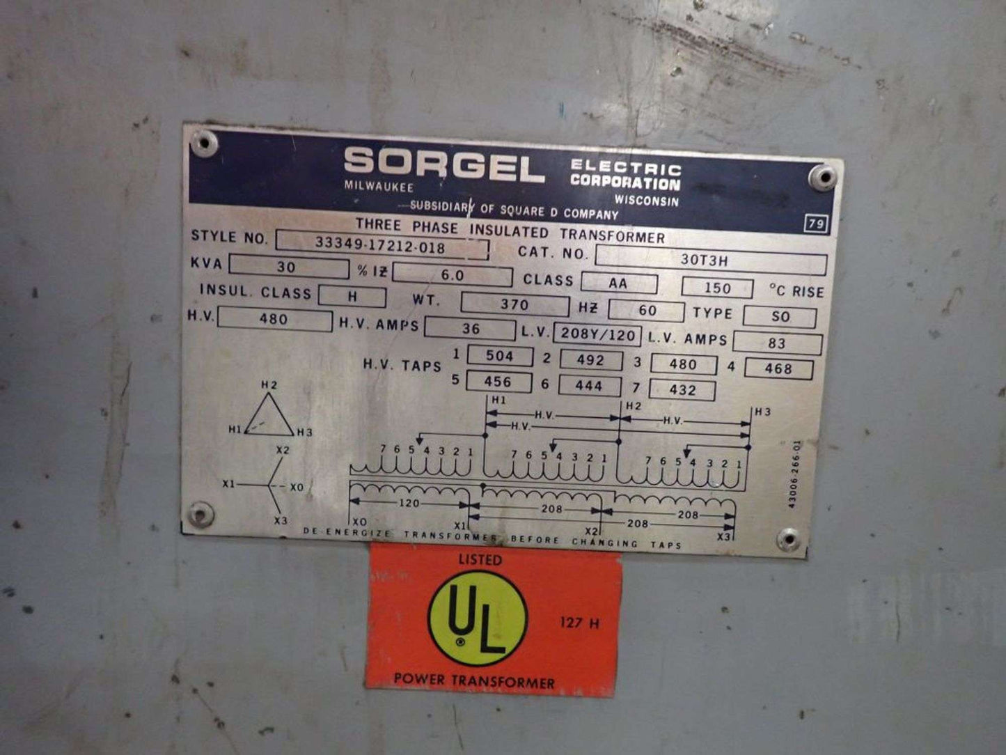 Square D 30KVA Dry Type Transformer 480v x 208/120