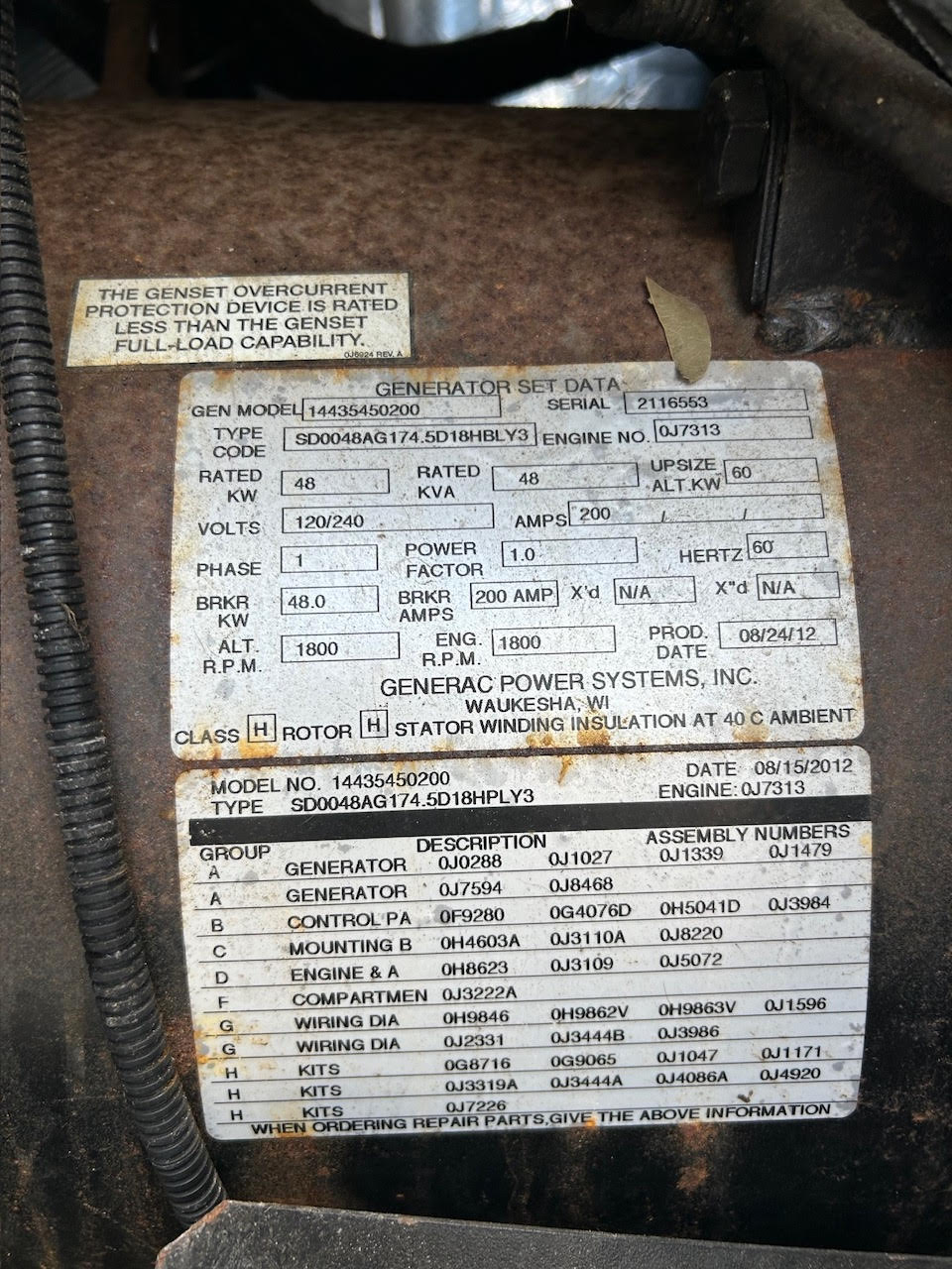 48KW SD048 Generac 120/240 200A 1PH Diesel Generator '12 59 Hrs. (SKU: 110275)
