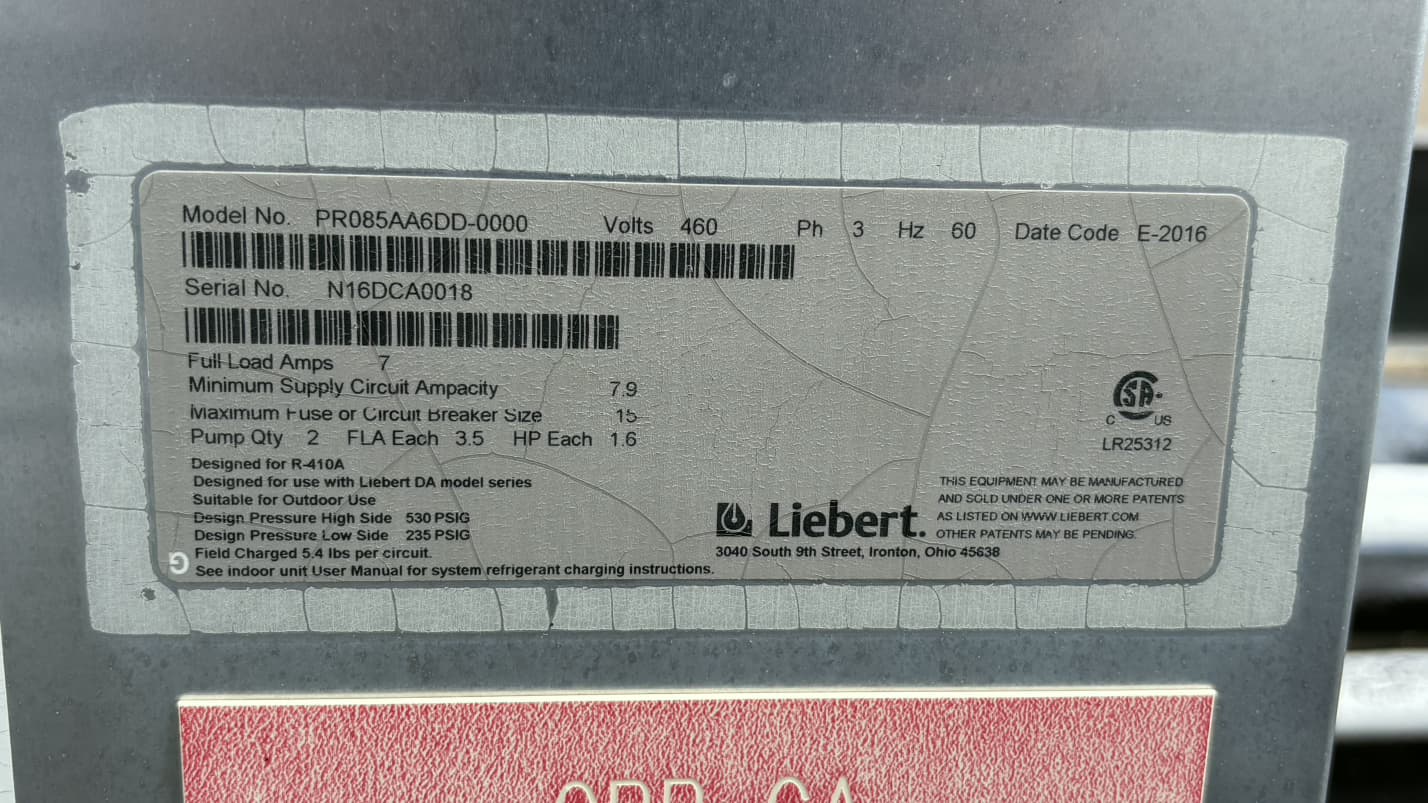 Liebert PR085AA6DD-0000 Outdoor Dual Refrigerant Pump Package 460V 3PH 2016