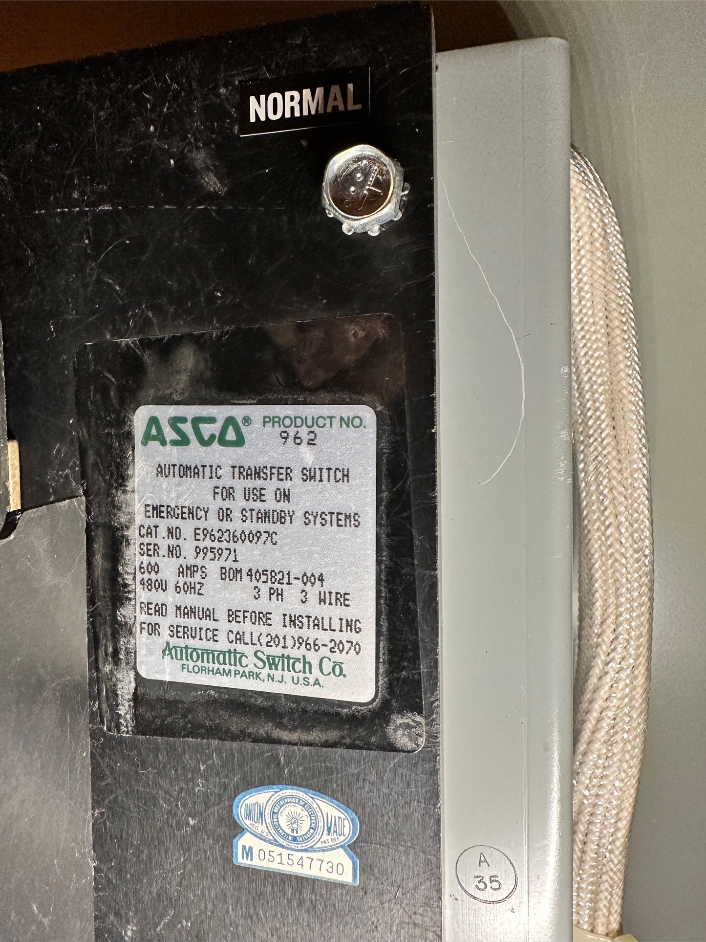ASCO 600A 480V 3PH Bypass Isolation Automatic Transfer Switch ATS Product 962 (S6LLST7401)