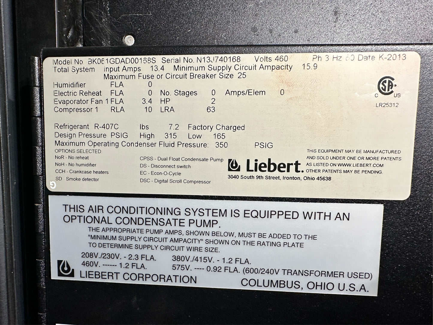 5 Ton Glycol BK061G Liebert Challenger AC 407C 2013 (S6LLST3035)