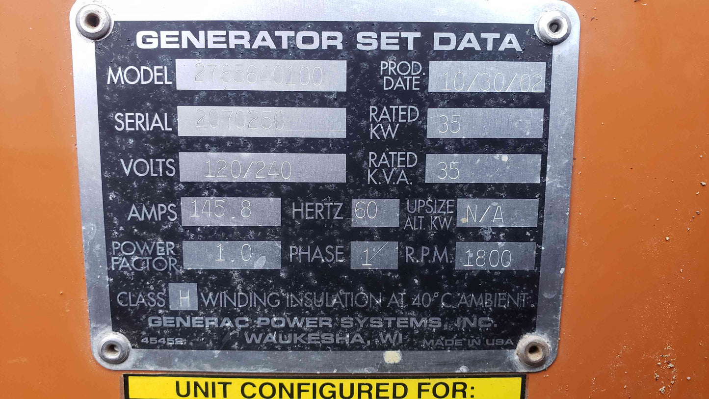 35KW GENERAC Diesel Generator 120/240 1PH 860Hrs. TESTED (SKU: 104501)(104501)
