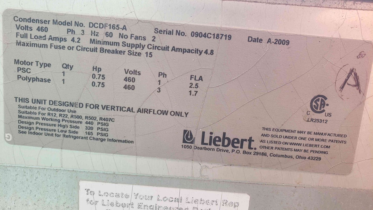 Liebert 2 Fan Condenser 460V 3PH DCDF165-A 2009 (108123)
