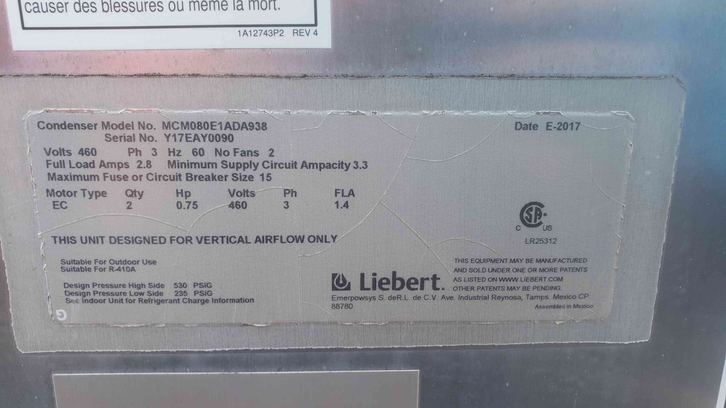 Liebert 2 Fan 460V 3PH Condenser MCM080W1ADA938 (SKU: 109551)