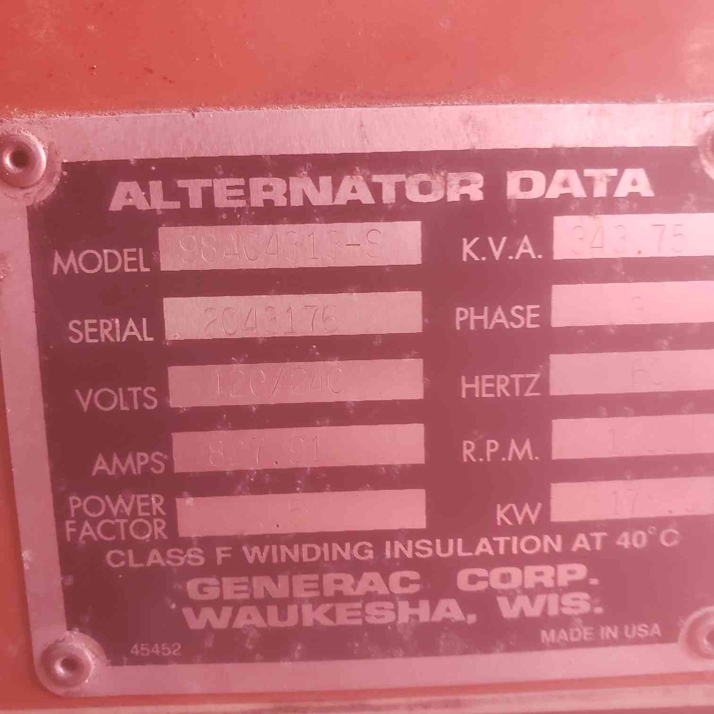 175KW Generac 98A04313-S 1&3PH Diesel 680Hrs 13.3L Engine TESTED (SKU: 110100)