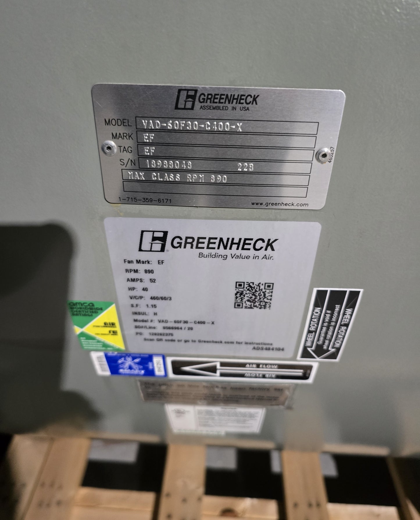 Greenheck Vane Axial Fan Direct Drive VAD-60F30-C400-X S/N 18988048 RPM-890 52A NEW SURPLUS
