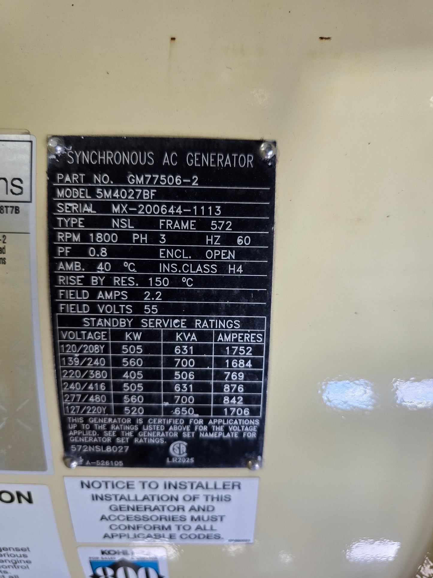 500KW Kohler 500REOZJ John Deere 6135 Diesel Generator Open 2013 136hrs TESTED