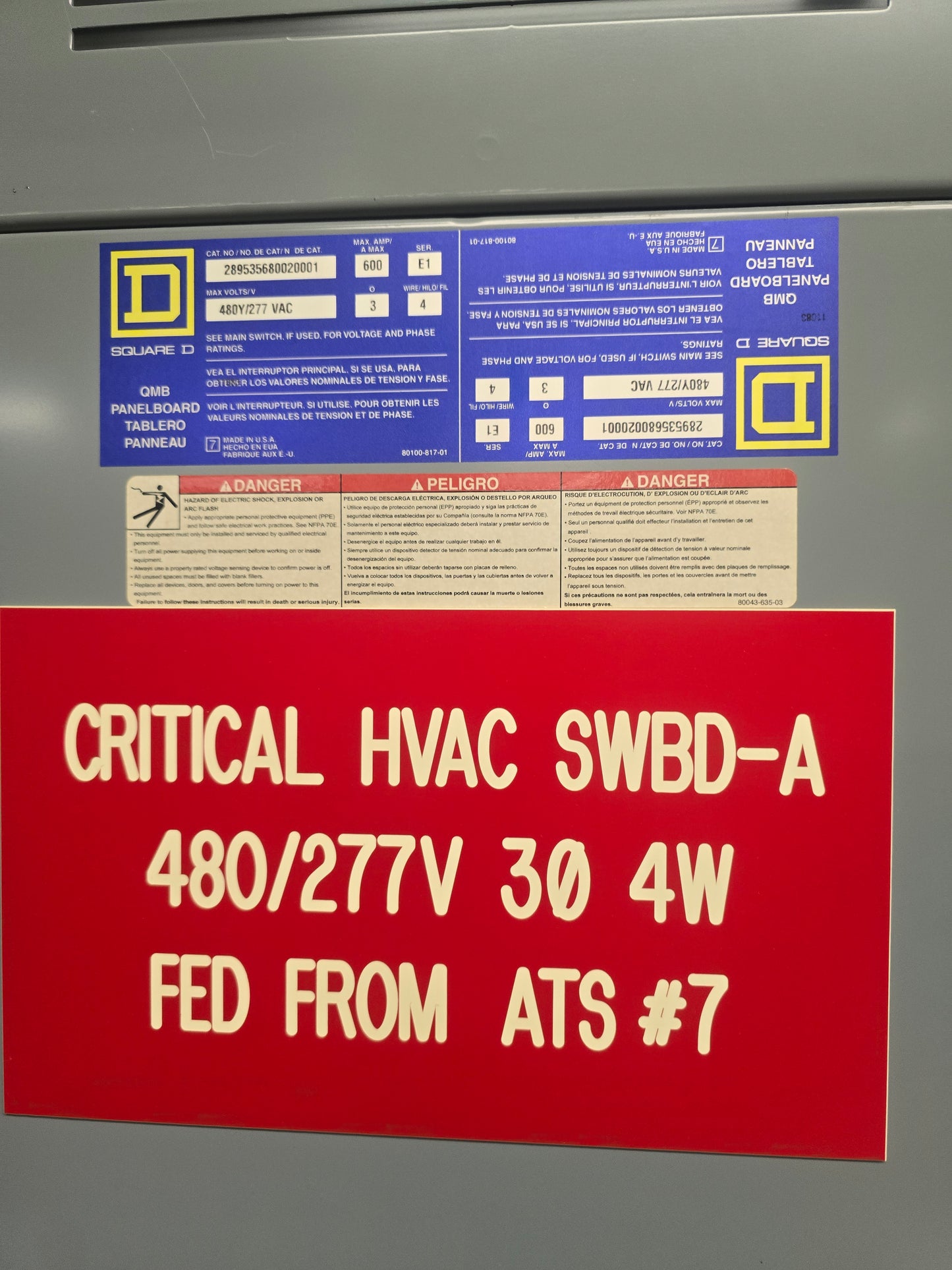 Square D QMB 600 Amp 480Y/277V 3 Phase Fusible Switch Panelboard Distribution