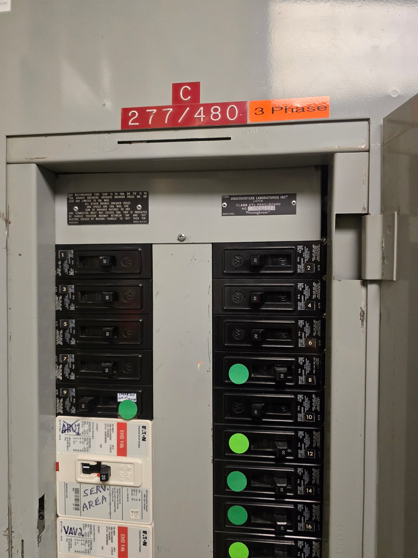 Westinghouse 225A 277/480V 3-Phase 4-Wire 42-Circuit Panelboard with Eaton EHD 14k Breakers