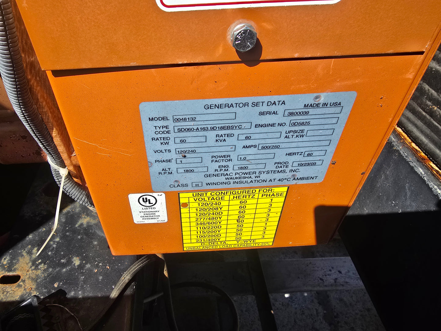 Generac 60KW Diesel Generator Mitsubishi 4034-T Enclosed Tank 2003 397Hrs TESTED