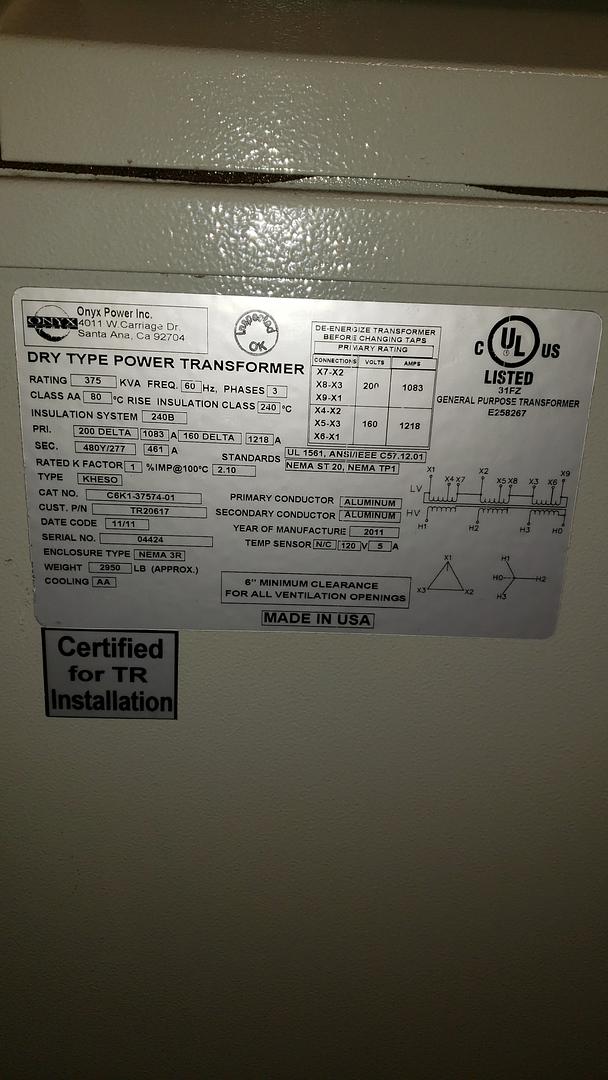 325KVA Onyx Transformer 200V Delta x 480Y/277(S6LLST7767)