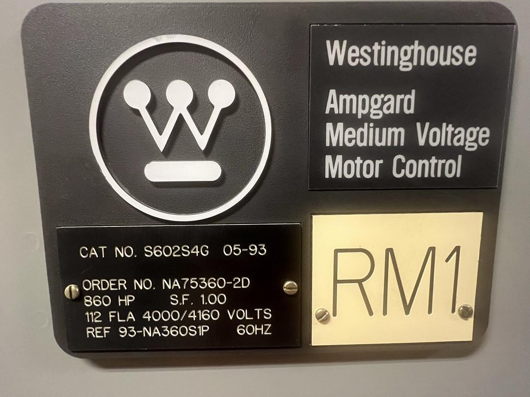 860HP 4160V Westinghouse Ampgard Medium Voltage Motor Control