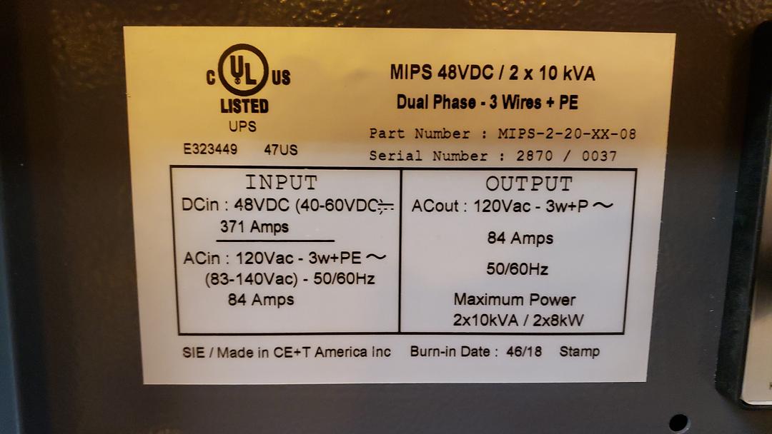 CE&T 48VDC Modular Inverter System MIPS-2-20-XX-8(S6LLST12656)