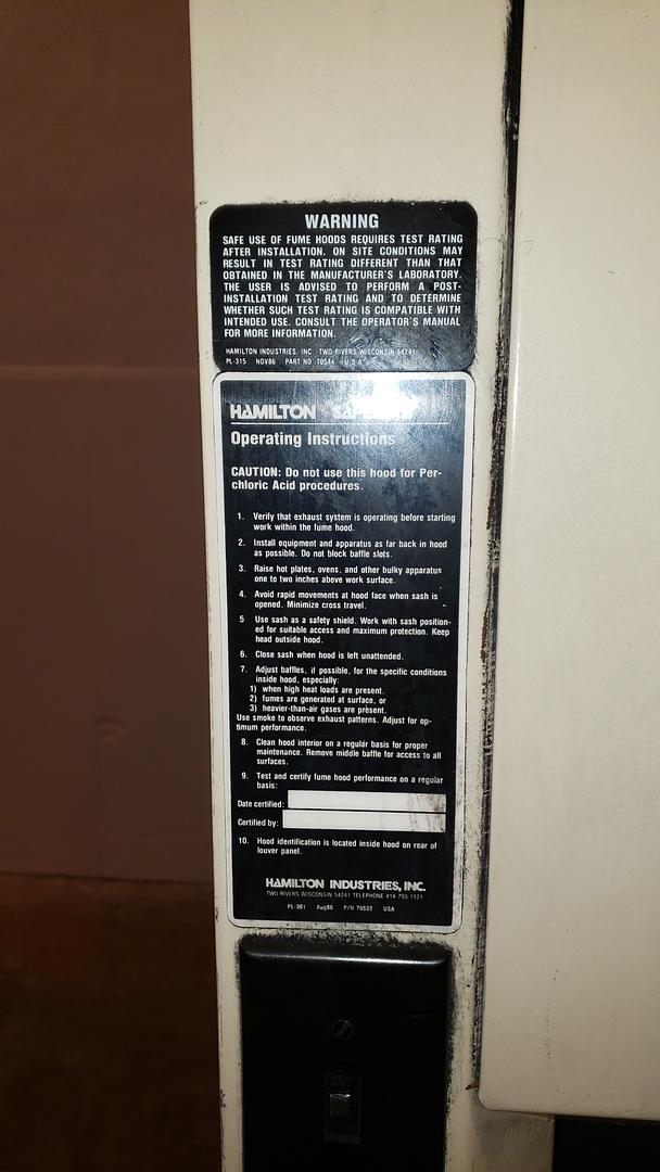 5' Hamilton Safeaire Chemical Fume hood Stainless Lining(S6LLST7513)