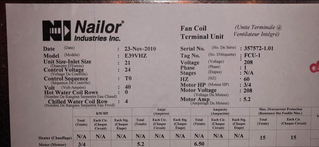 Nailor E39VHZ Fan Coil Terminal Unit '10(S6LLST3546)