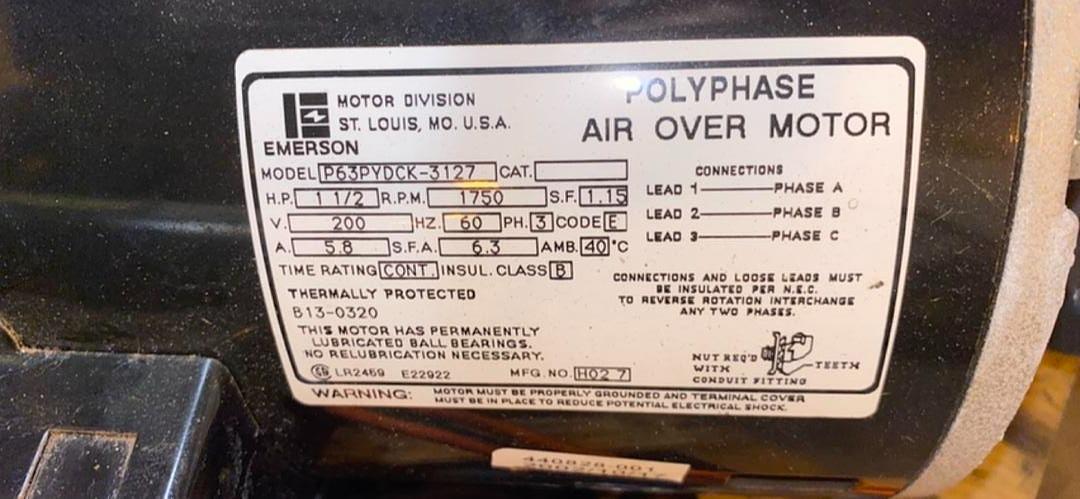 11/2 HP Emerson Polyphase Air Over Motor P63PYDCK3127(S6LLST4699)