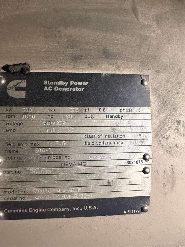 Cummins 300 kW Standby Diesel Generator 375 kVA 480V 3 Phase 1800 RPM Open Skid