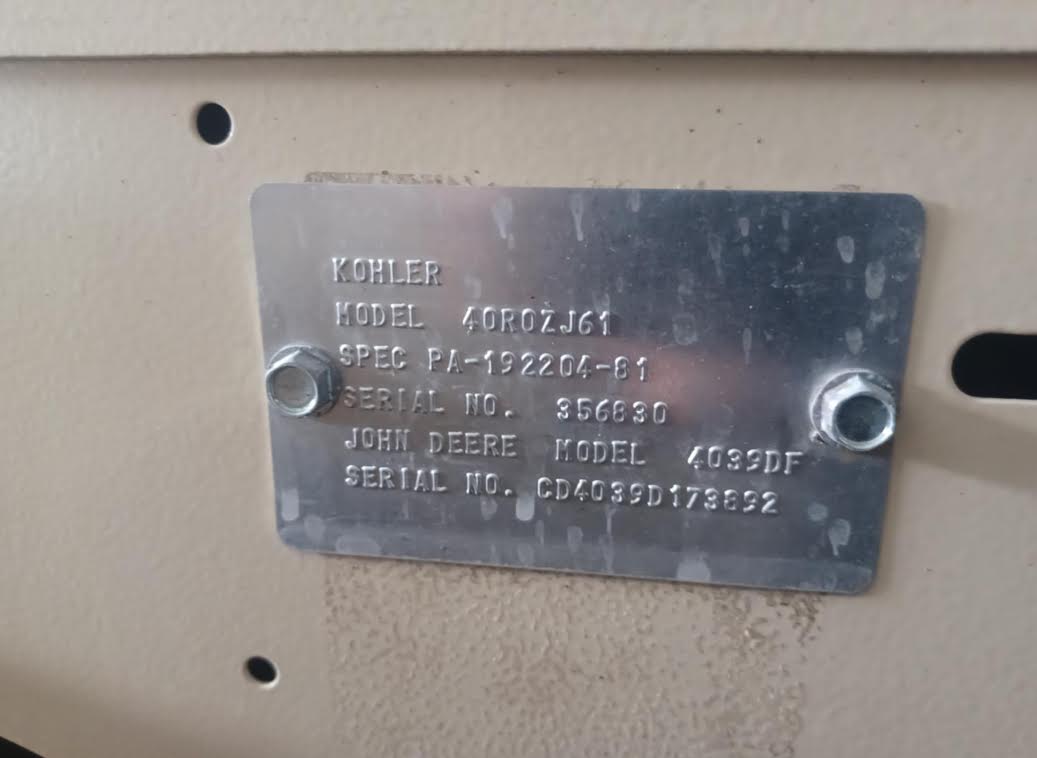 40KW Kohler John Deere 4039 40ROZJ61 Diesel Generator 1&3PH 1172hours
