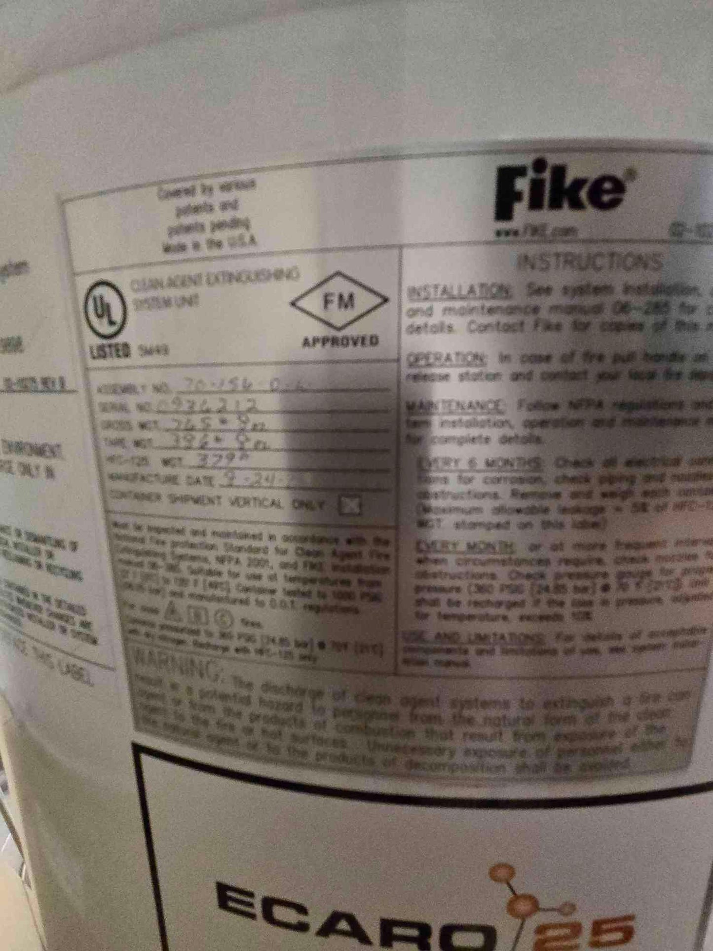 Fike 379 Lbs Ecaro 25 HFC-125 M5698 Fire Suppression Tank Cylinder