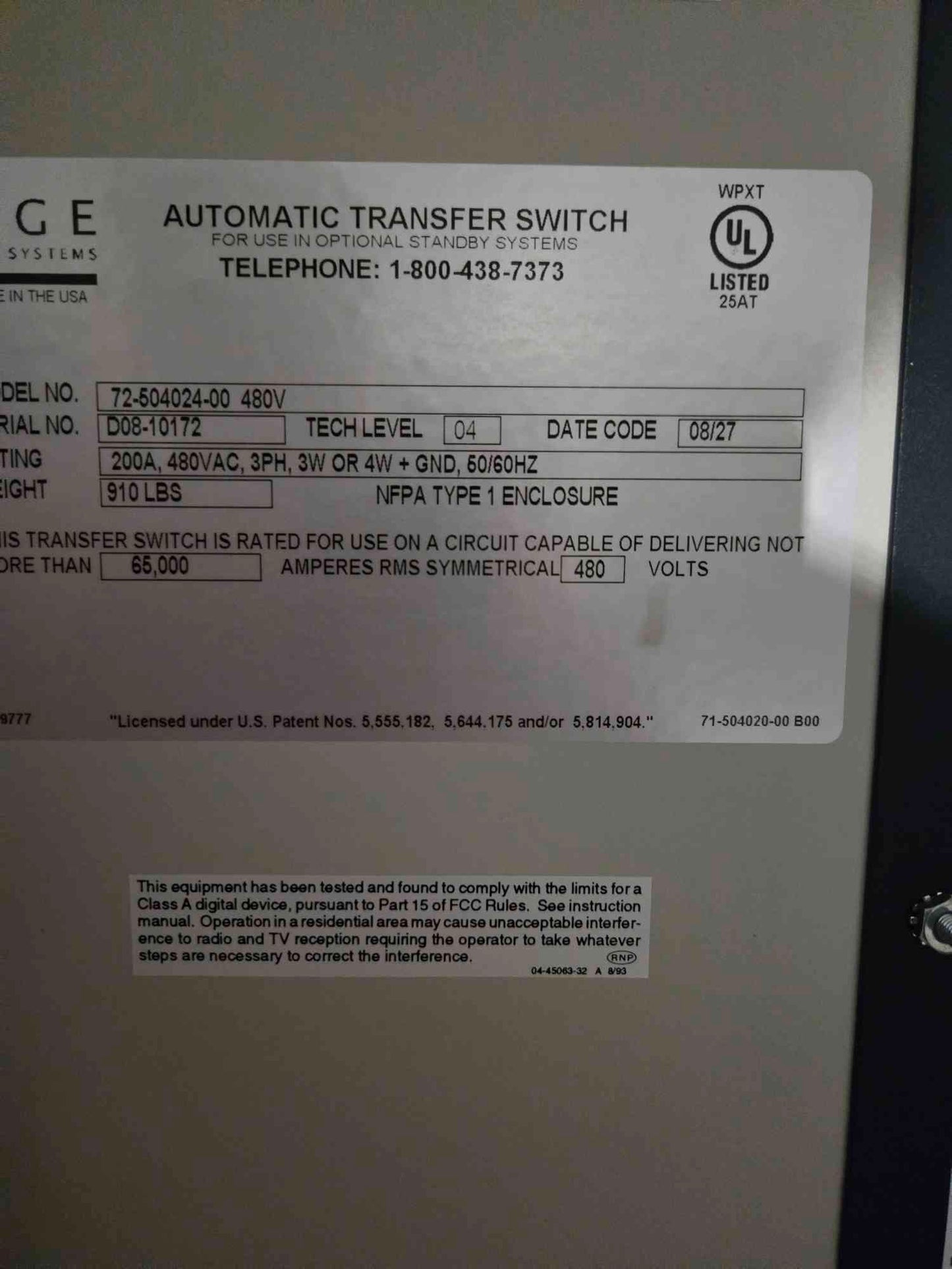 200 Amp MGE APC ATS 480V 3ph Static Transfer Switch(SKU: 109712)