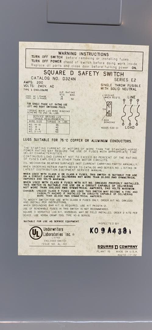 200A SQUARE D GENERAL DUTY SAFETY SWITCH D324N(S6LLST10571)
