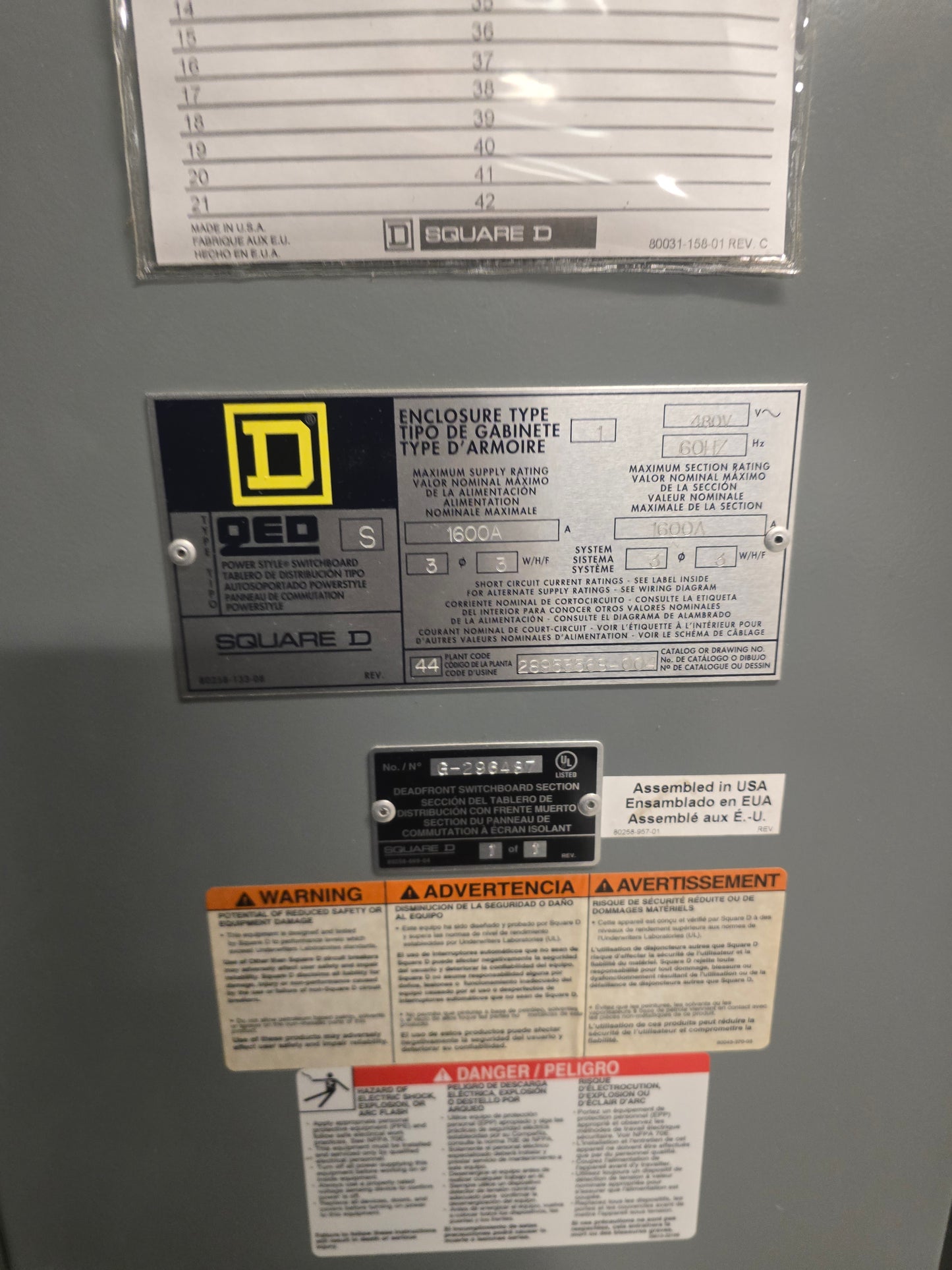 Square D QED Power-Style Switchboard Section 1600A 480V 3PH Distribution Panel