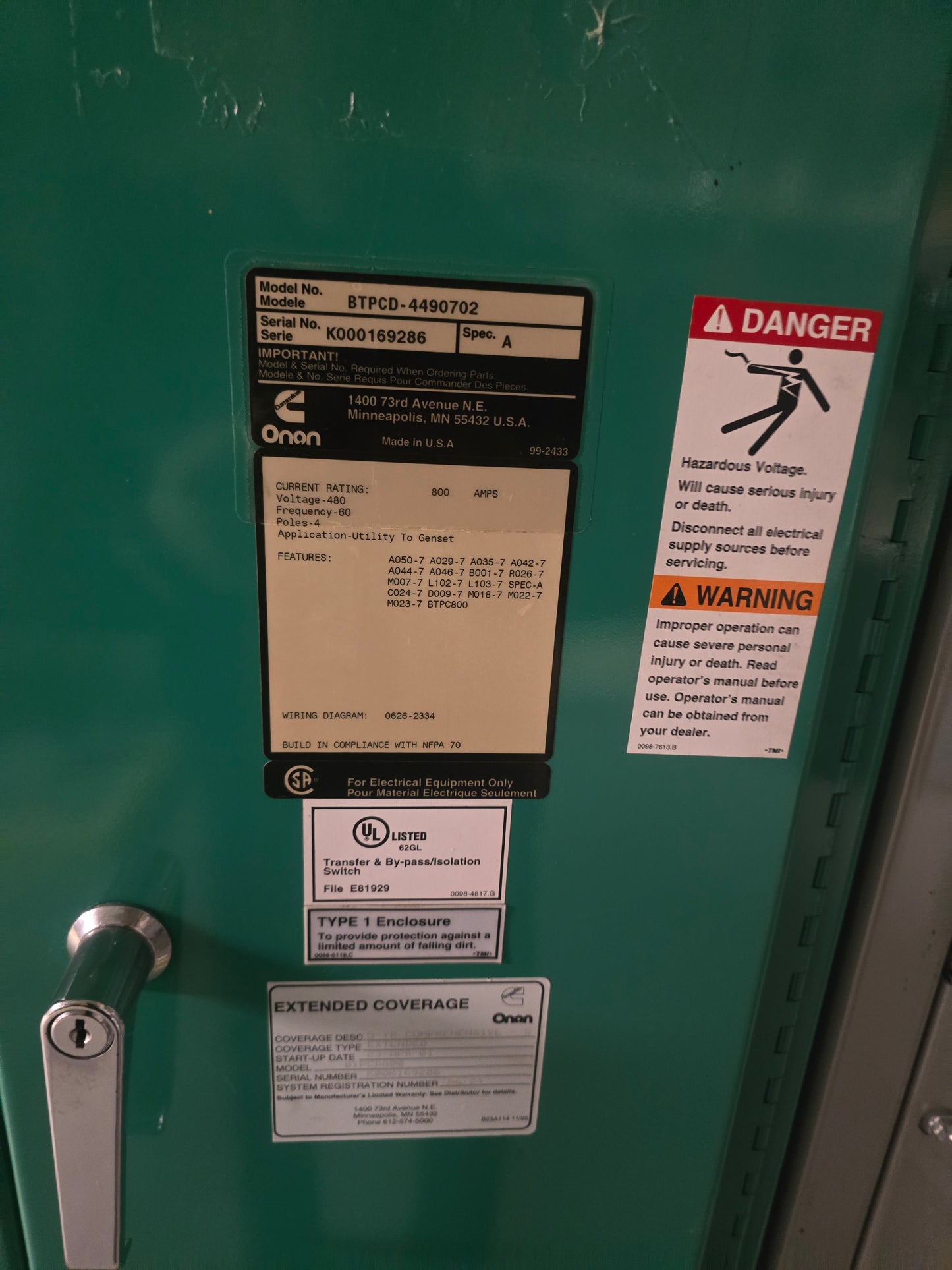 Cummins Onan BTPCD 800 Amp 480V 4 Pole Automatic Transfer Switch PowerCommand