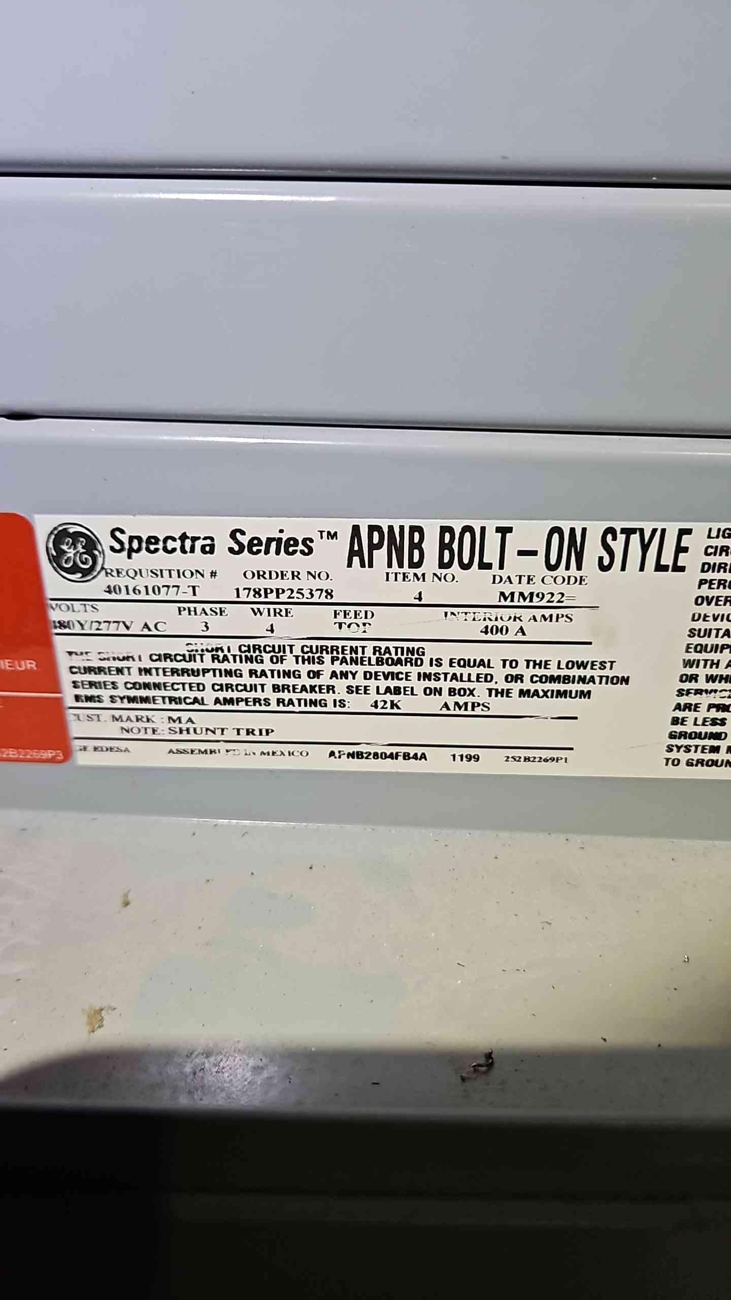 400A 480V GE Spectra Series Panelboard 480V, 277V 3Ph 10 Breaker & Main (MDP #1,3,5) (101398)(101398)
