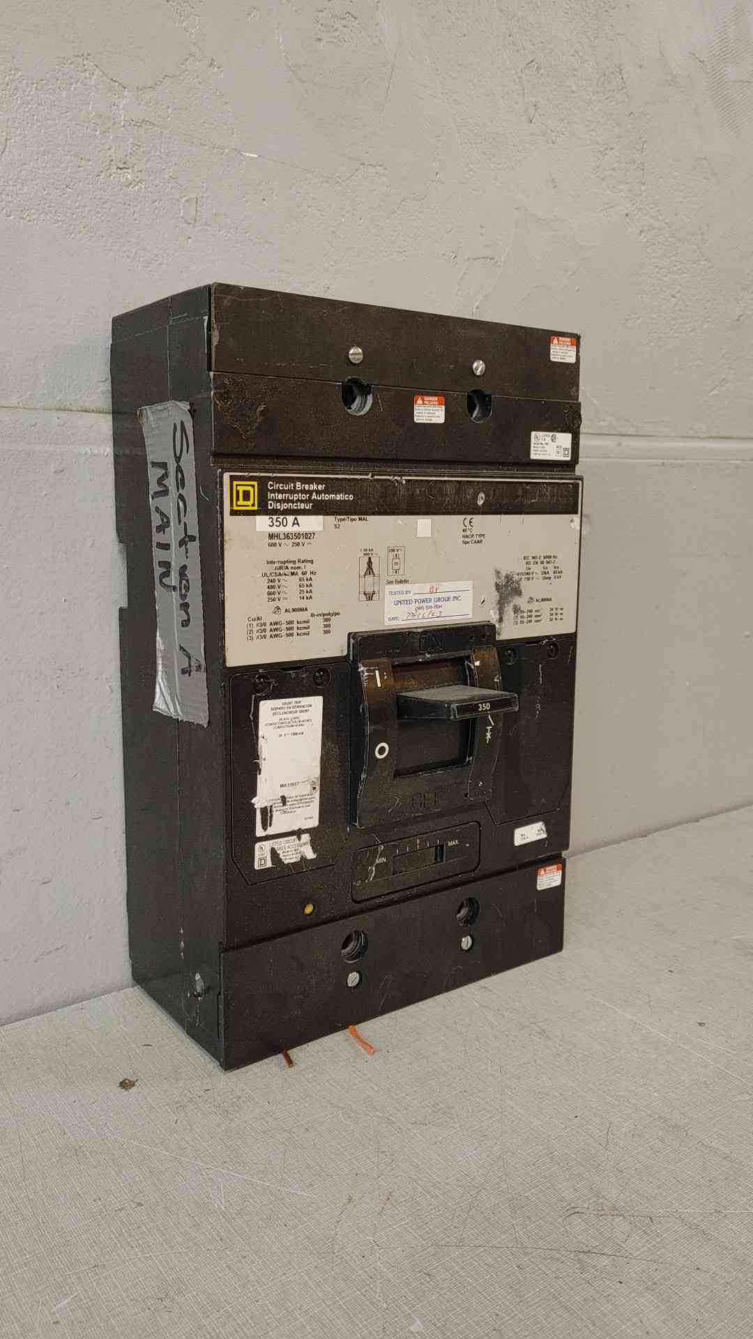 Square D 350A 3 Pole Circuit Breaker 600VDC 250VAC 65KA MHL363501027(104727)