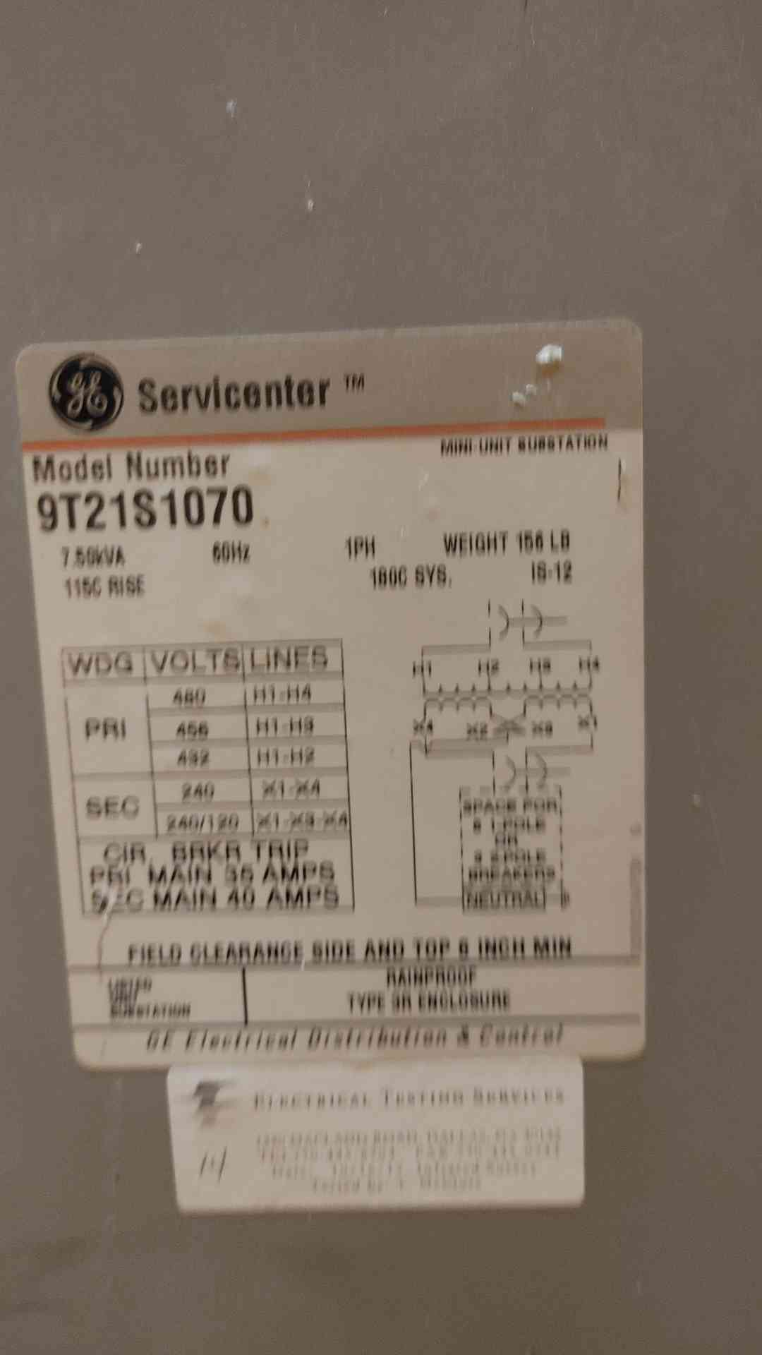 GE Rainproof Transformer 7.5KVA 480V x 240/120V 9T21S1070(106366)
