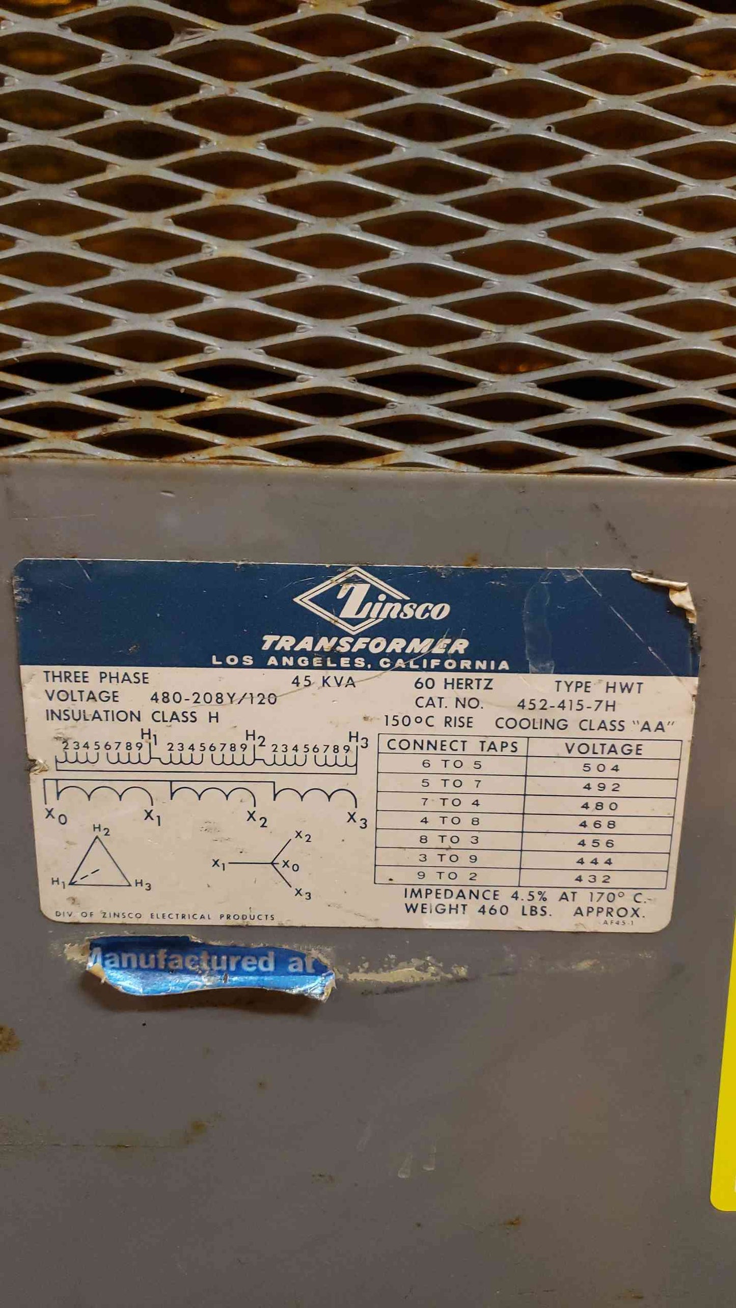 Zinsco 45KVA 480-208Y/120 3PH Dry Transformer 452-415-7H (SKU: 106907)