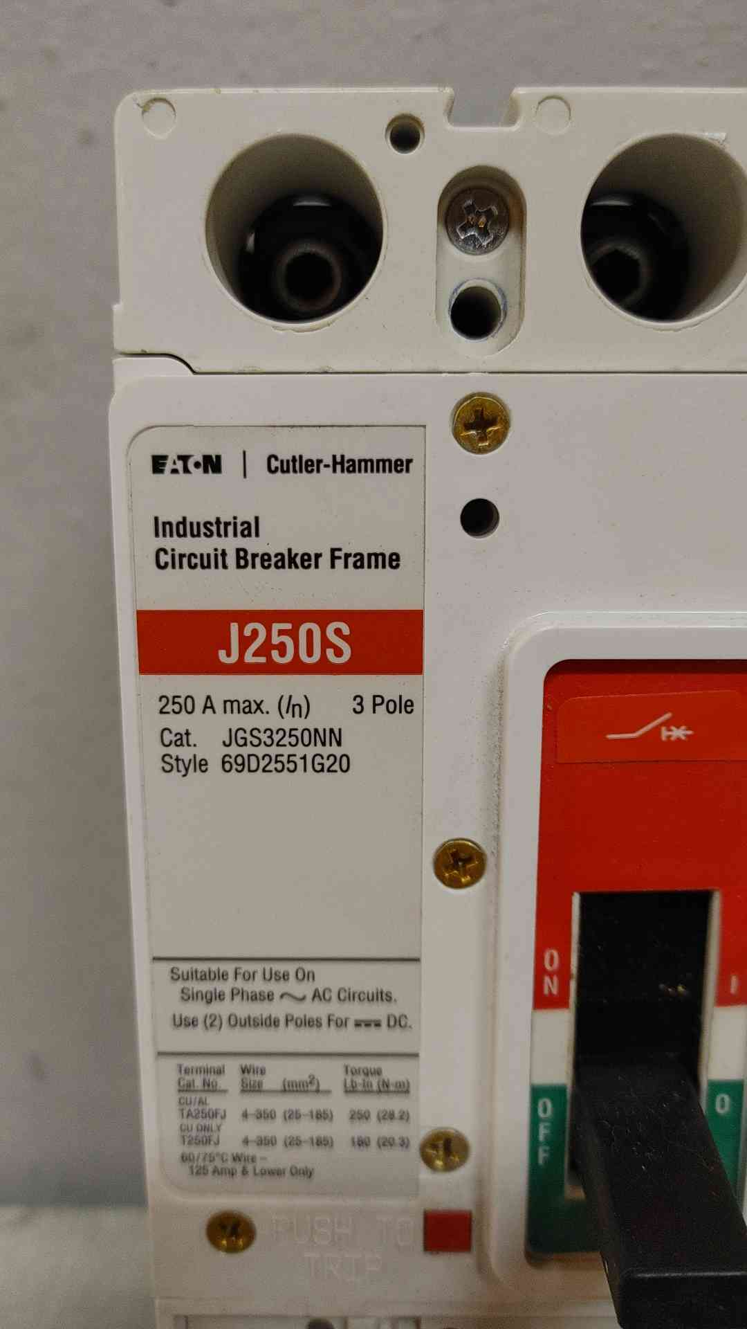 Eaton 250A 3 Pole Industrial Circuit Breaker 85KA 600V JGS3250NN