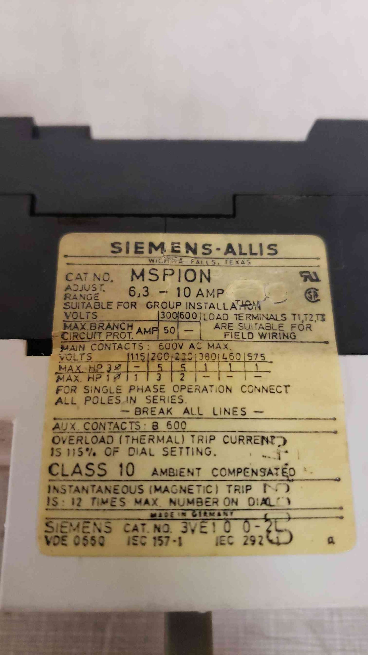 *Pickup Only* Siemens-Allis 6.3-10A Trip MSPION (SKU: 107202)