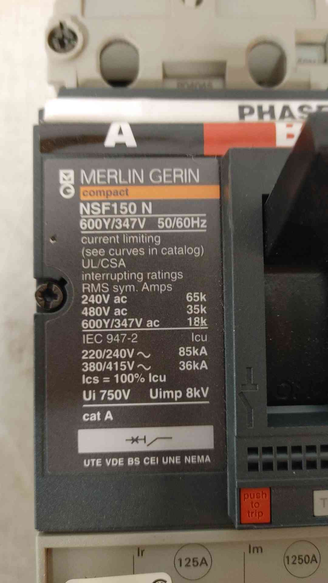 *Pickup Only* Merlin Green 125A 3 Pole Circuit Breaker 600Y/347V NSF150N (SKU: 107251)