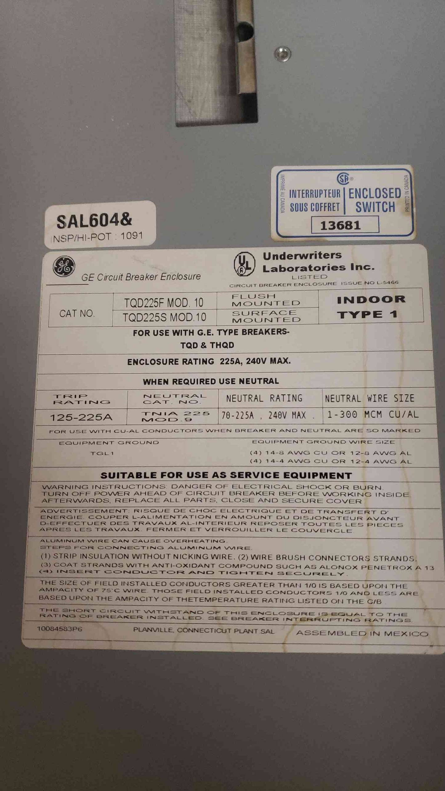 GE 240V 225A Circuit Breaker in Enclosure (SKU: 107380)