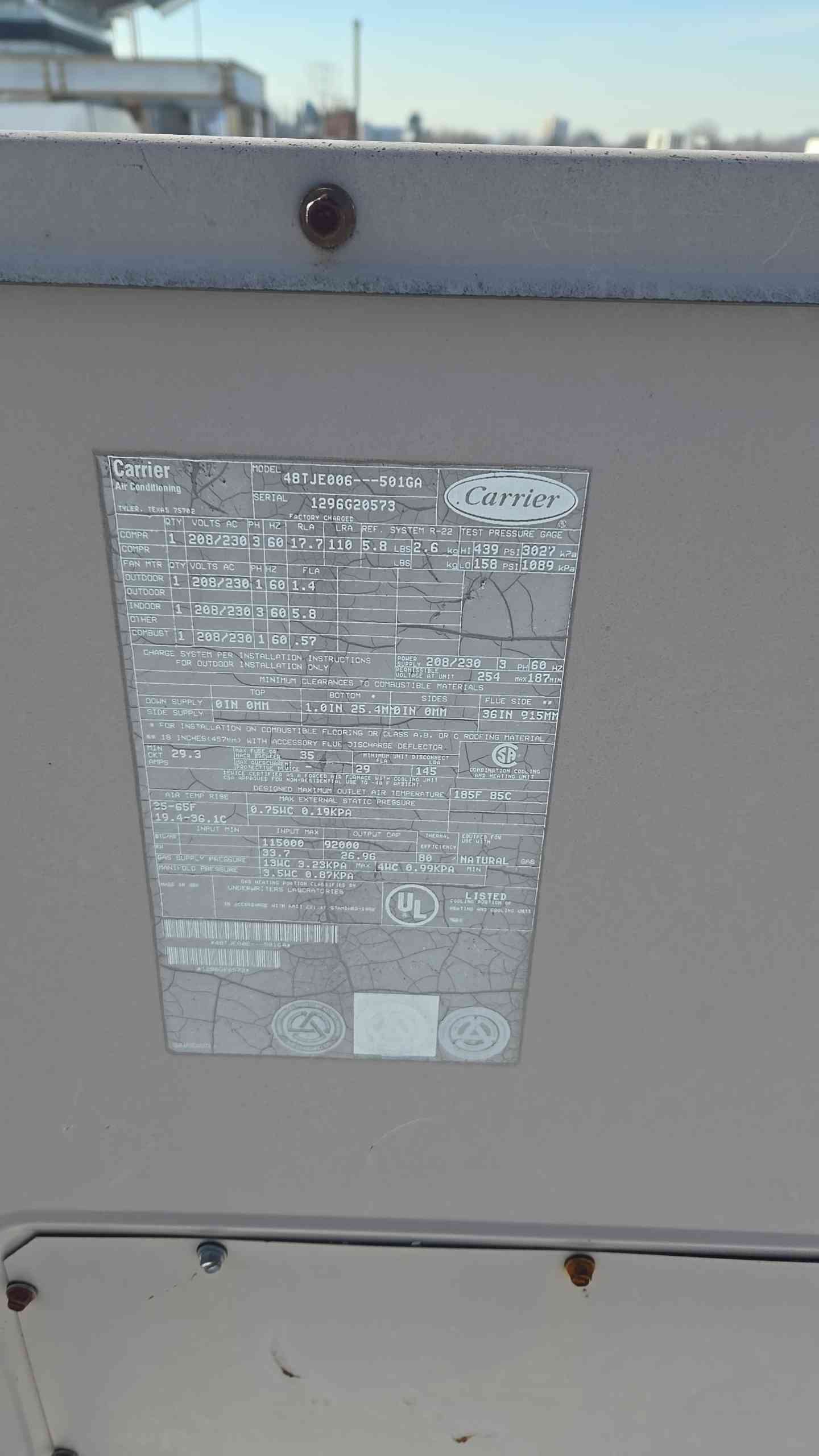 Carrier 48TJE006-501GA RTU 208/230V 3Ph Packaged Unit