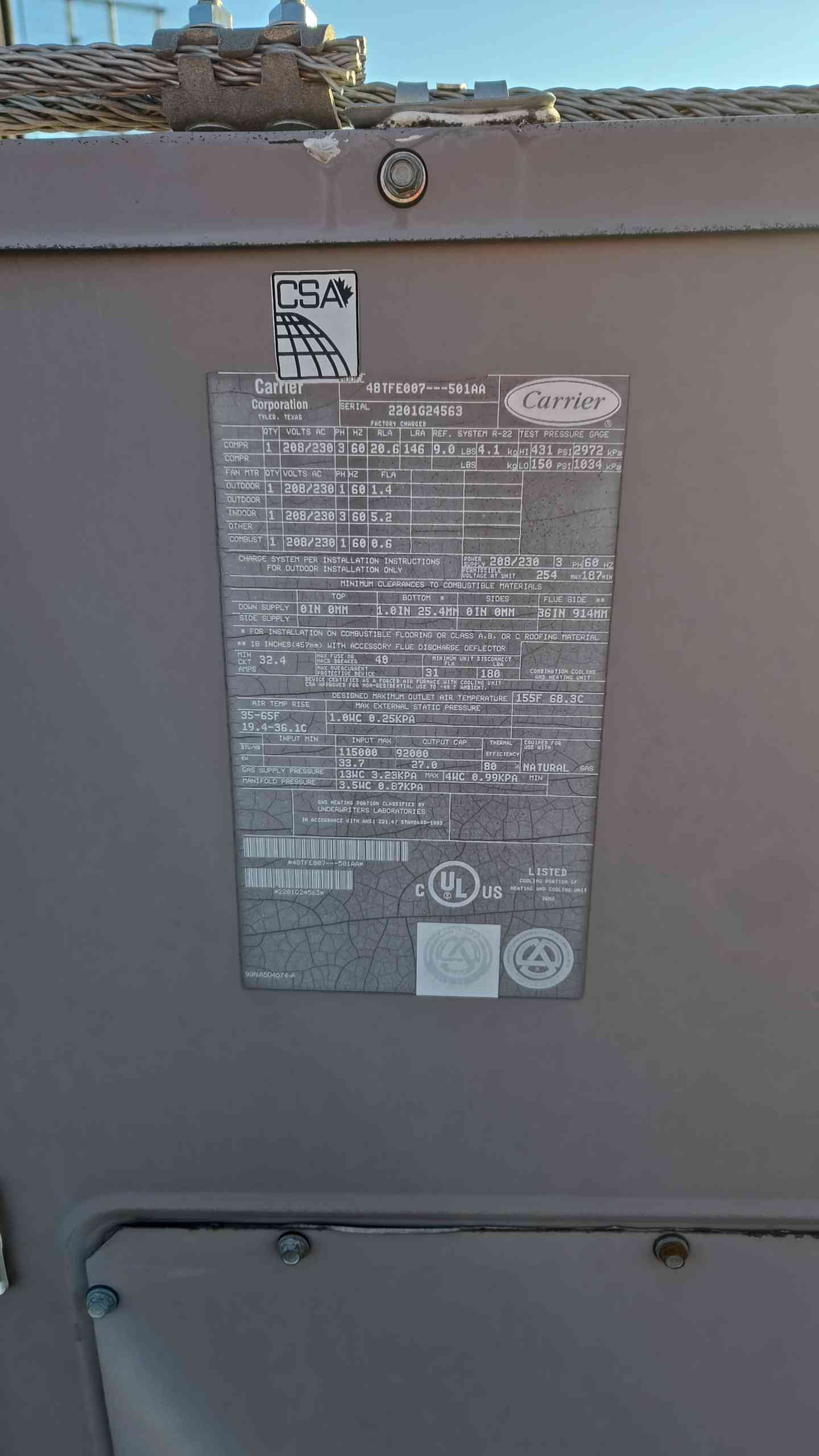 Carrier 6 Ton Rooftop RTU 48TFE007 A/C Packaged Unit