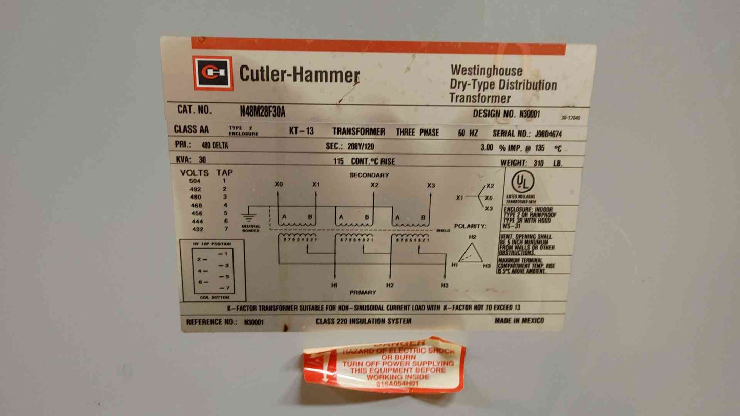 Cutler-Hammer Dry Type Transformer 30KVA 480V x 208/120 3PH N48M28F30A