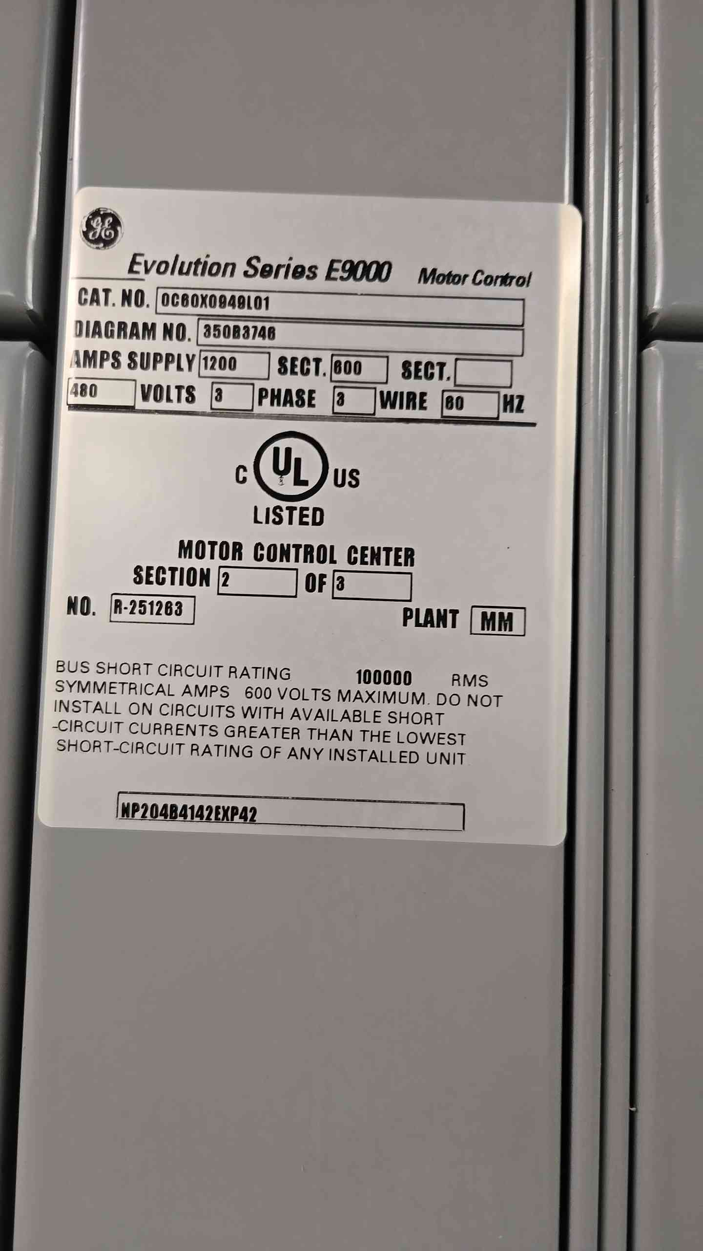 1200A GE Evolution Series E9000 Motor Control Center MCC (107815)