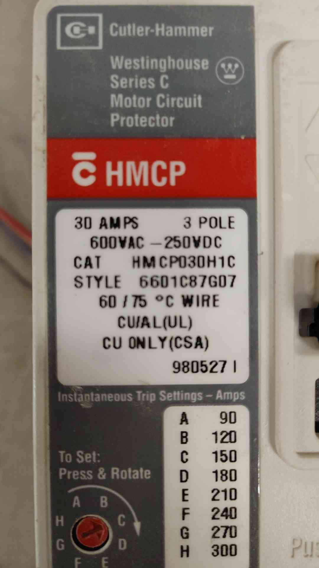 Westinghouse Series C Motor Circuit Breaker 30A 600VAC 250VDC HMCP030H1C